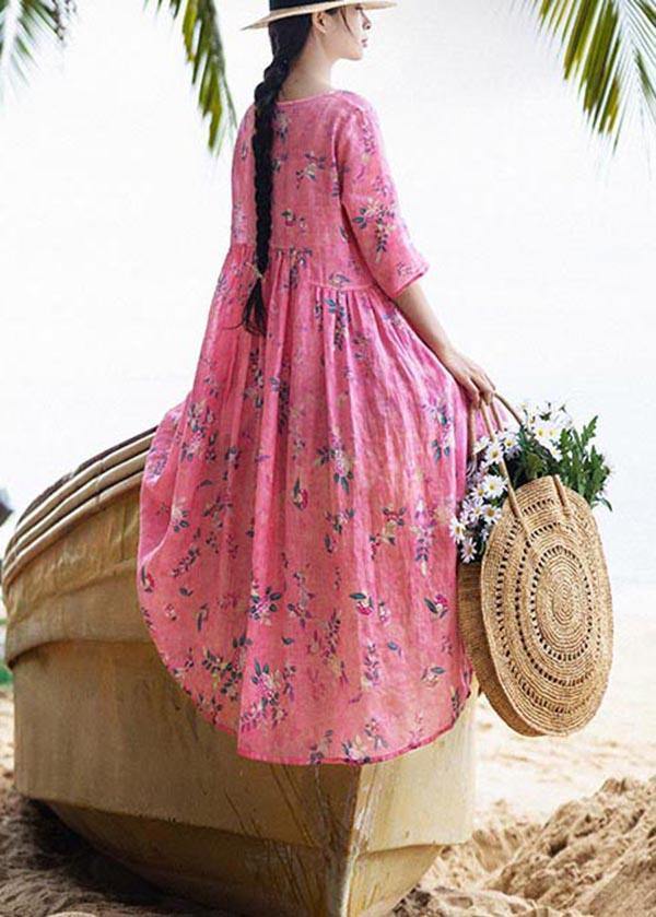 French Rose Print Cinched Pockets Maxi Summer Linen Dress - Omychic
