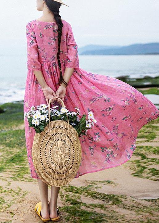 French Rose Print Cinched Pockets Maxi Summer Linen Dress - Omychic