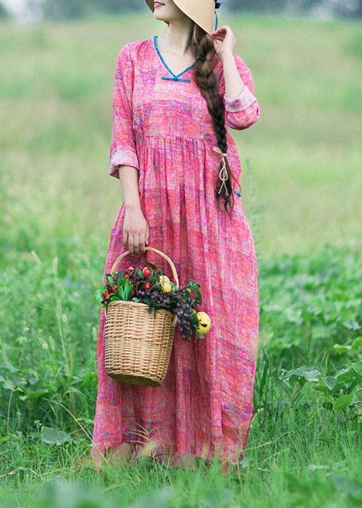 French Rose Print Clothes Women V Neck Patchwork Maxi Spring Dress - Omychic