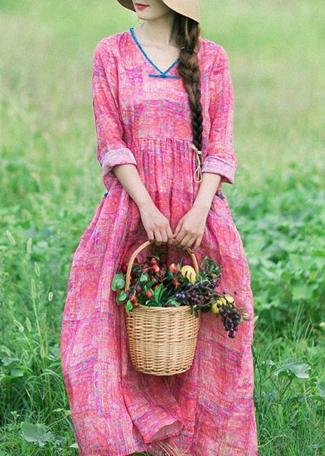 French Rose Print Clothes Women V Neck Patchwork Maxi Spring Dress - Omychic