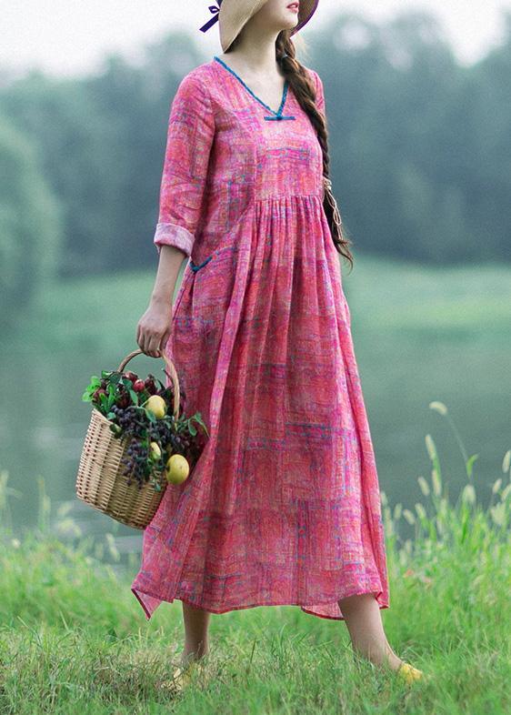French Rose Print Clothes Women V Neck Patchwork Maxi Spring Dress - Omychic