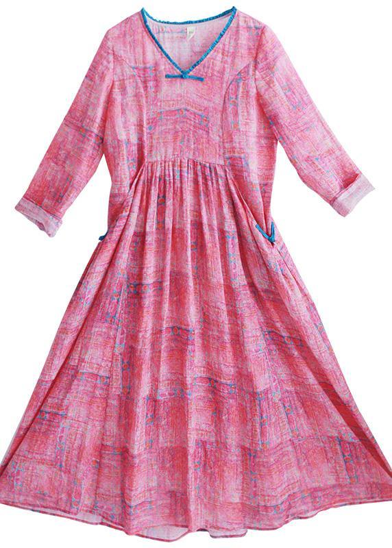 French Rose Print Clothes Women V Neck Patchwork Maxi Spring Dress - Omychic