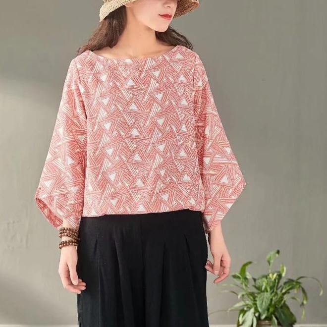French Slash neck cotton linen clothes For Women pink prints Vestidos De Lino shirts Summer - Omychic