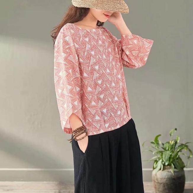 French Slash neck cotton linen clothes For Women pink prints Vestidos De Lino shirts Summer - Omychic