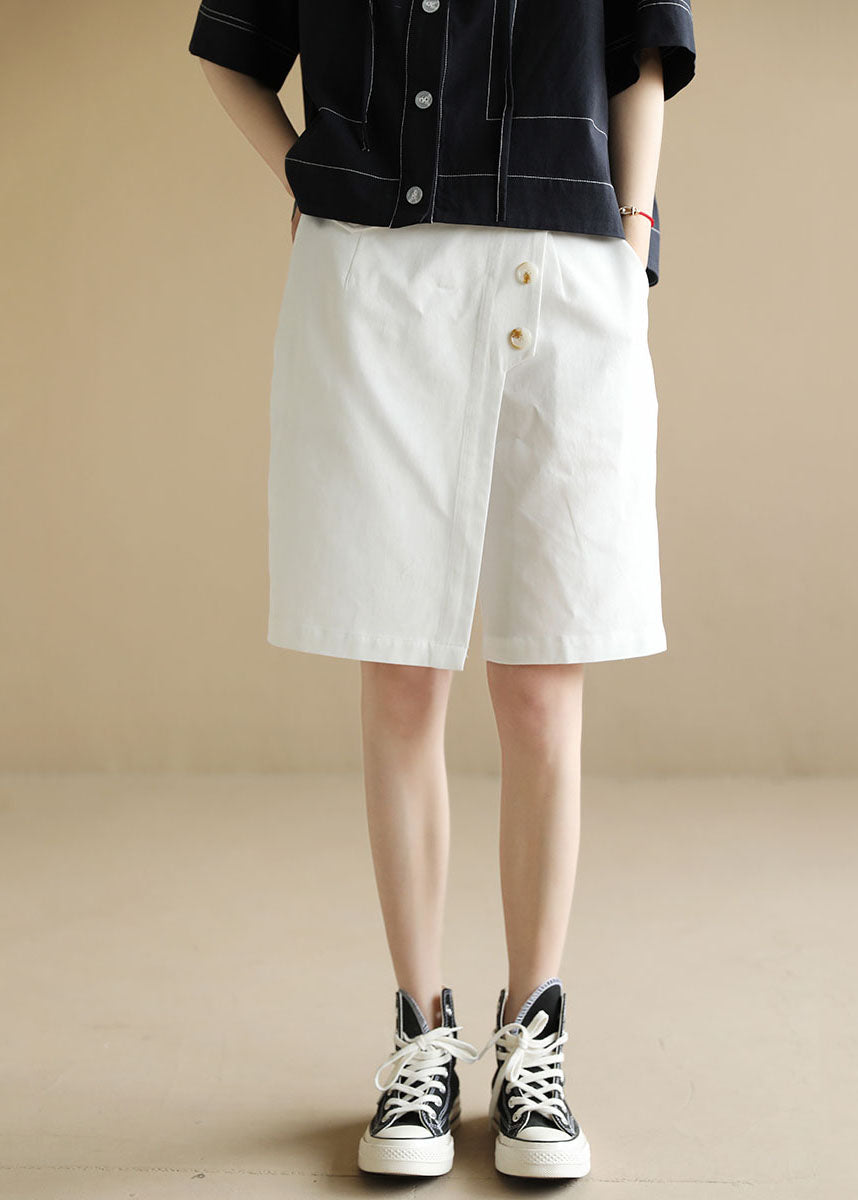 French Solid White Elastic Waist Asymmetrical Button Cotton Wide Leg Crop Pant Summer