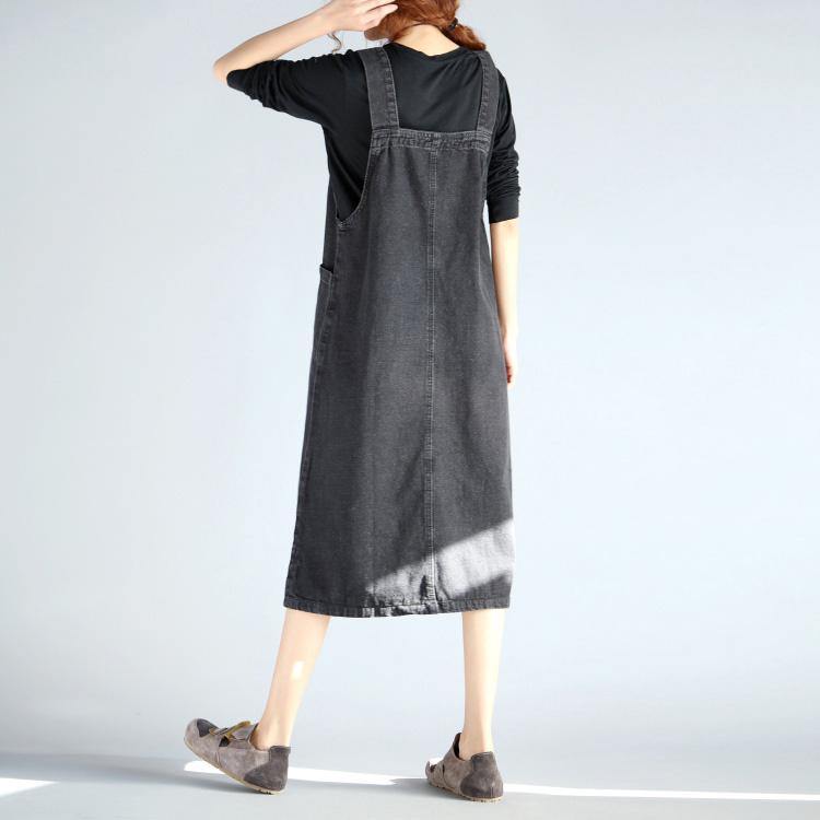 French Spaghetti Strap Cotton clothes Fun Inspiration black denim Knee Dress - Omychic