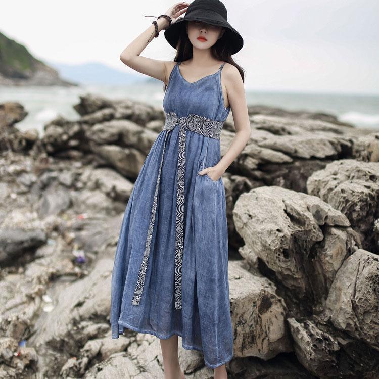 French Spaghetti Strap Pockets Linen Dress Catwalk Blue Dresses Summer ( Limited Stock) - Omychic