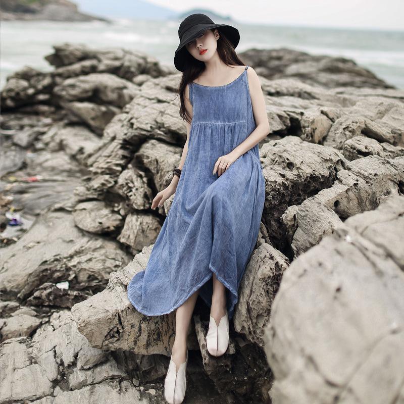 French Spaghetti Strap Pockets Linen Dress Catwalk Blue Dresses Summer ( Limited Stock) - Omychic