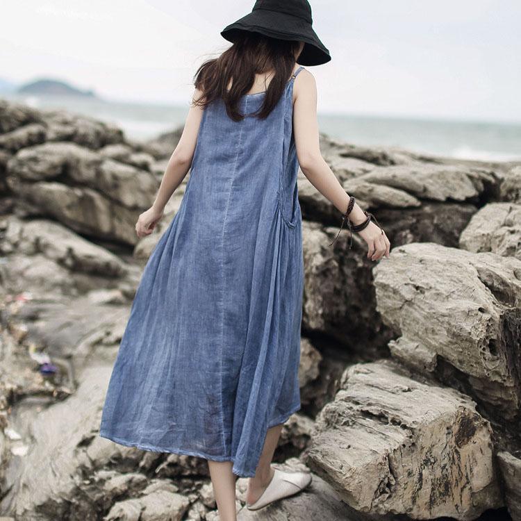 French Spaghetti Strap Pockets Linen Dress Catwalk Blue Dresses Summer ( Limited Stock) - Omychic