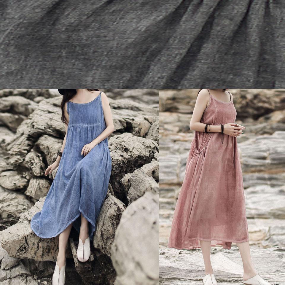 French Spaghetti Strap Pockets Linen Dress Catwalk Blue Dresses Summer ( Limited Stock) - Omychic