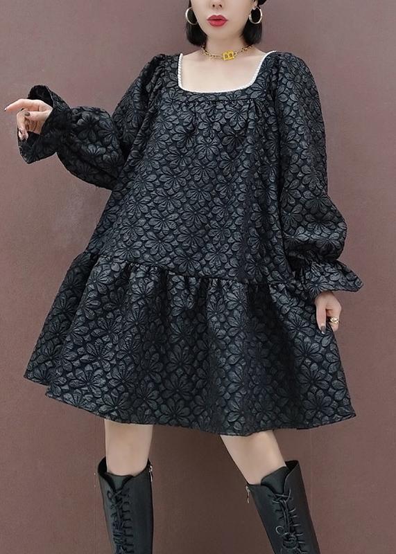 French Square Collar Patchwork Spring Tunic Sewing Black Flower Dress - Omychic