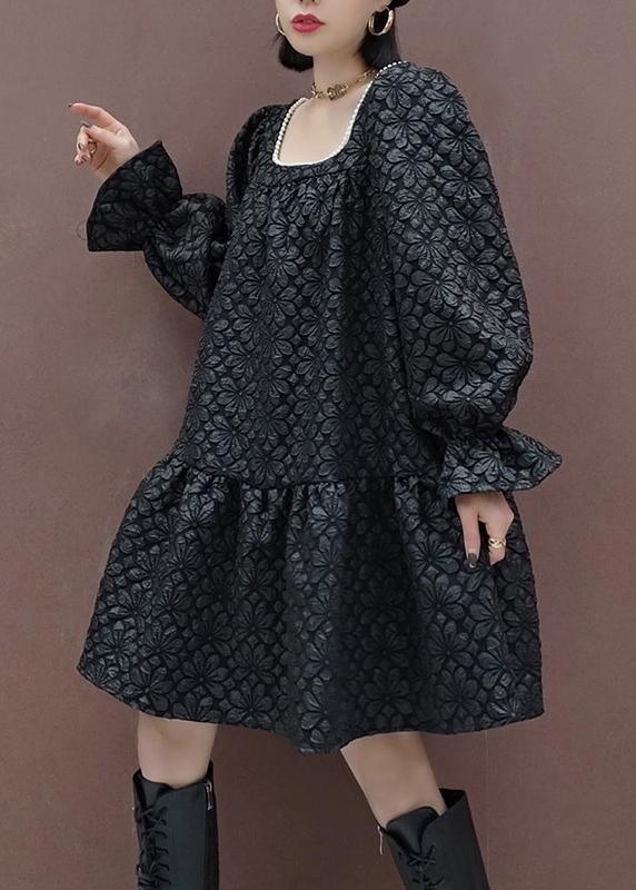 French Square Collar Patchwork Spring Tunic Sewing Black Flower Dress - Omychic