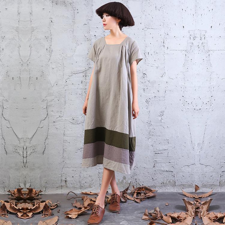 French Square Collar linen dresses Runway khaki patchwork Dress summer - Omychic