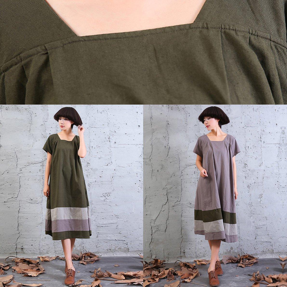 French Square Collar linen dresses Runway khaki patchwork Dress summer - Omychic