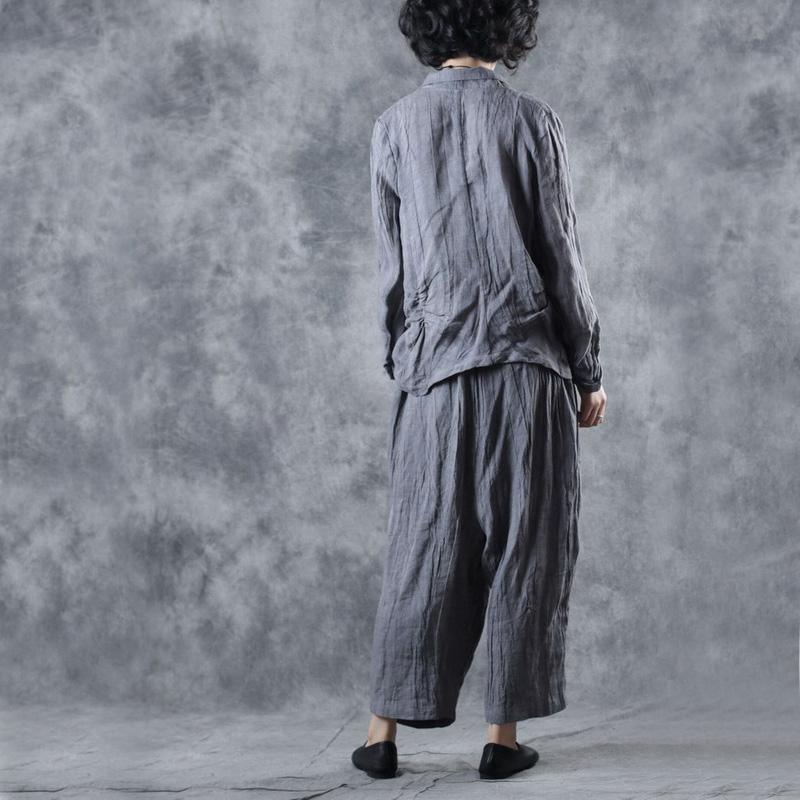 French Square Collar linen outwear Inspiration gray long sleeve outwear fall - Omychic