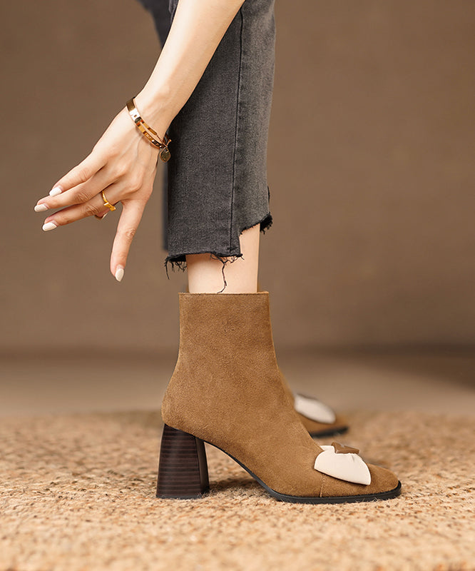 French Square Toe Thick Heel Bow Splicing Brown Suede Boots