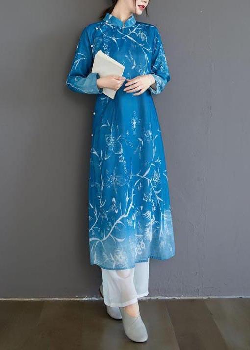 French Stand Collar Spring Dresses Design Blue Print Robes Dress - Omychic
