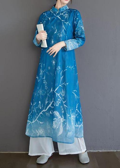 French Stand Collar Spring Dresses Design Blue Print Robes Dress - Omychic