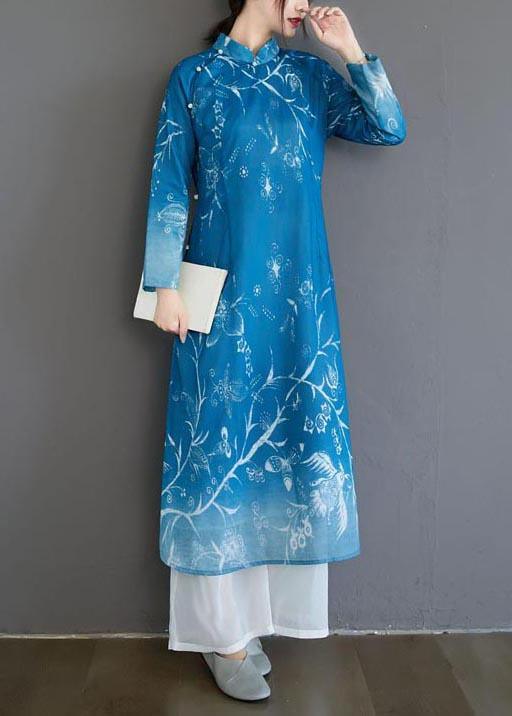 French Stand Collar Spring Dresses Design Blue Print Robes Dress - Omychic