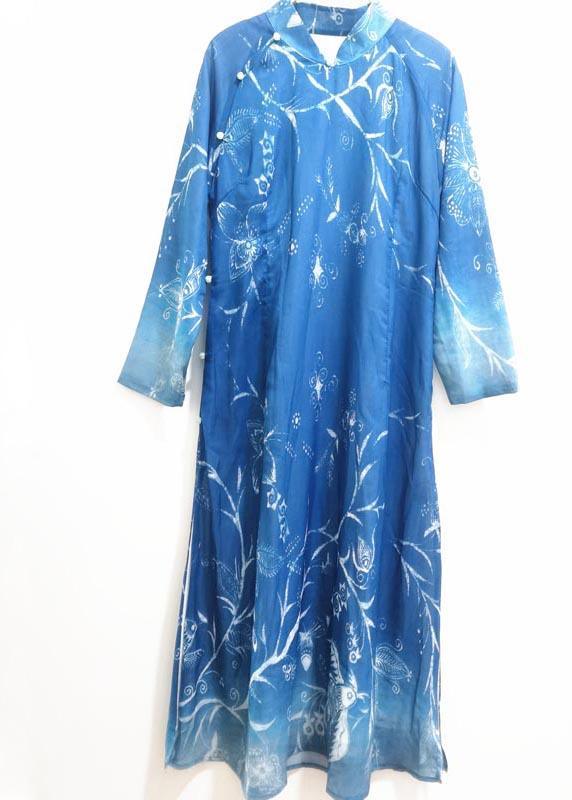 French Stand Collar Spring Dresses Design Blue Print Robes Dress - Omychic