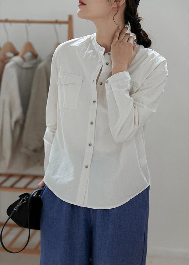 French Stand Collar Spring Tops Women Blouses Fabrics White Shirts - Omychic