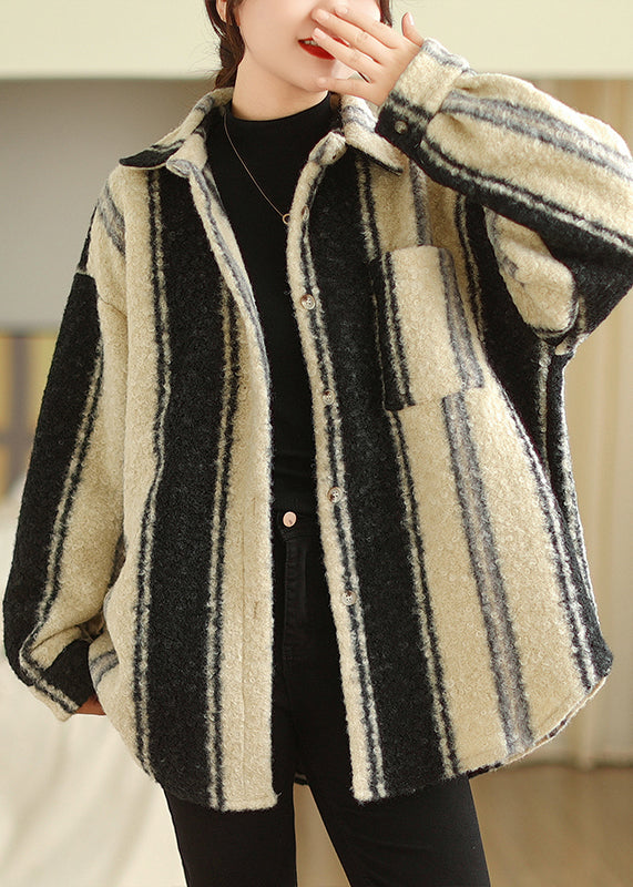 French Striped Peter Pan Collar Button Woolen Coat Long Sleeve