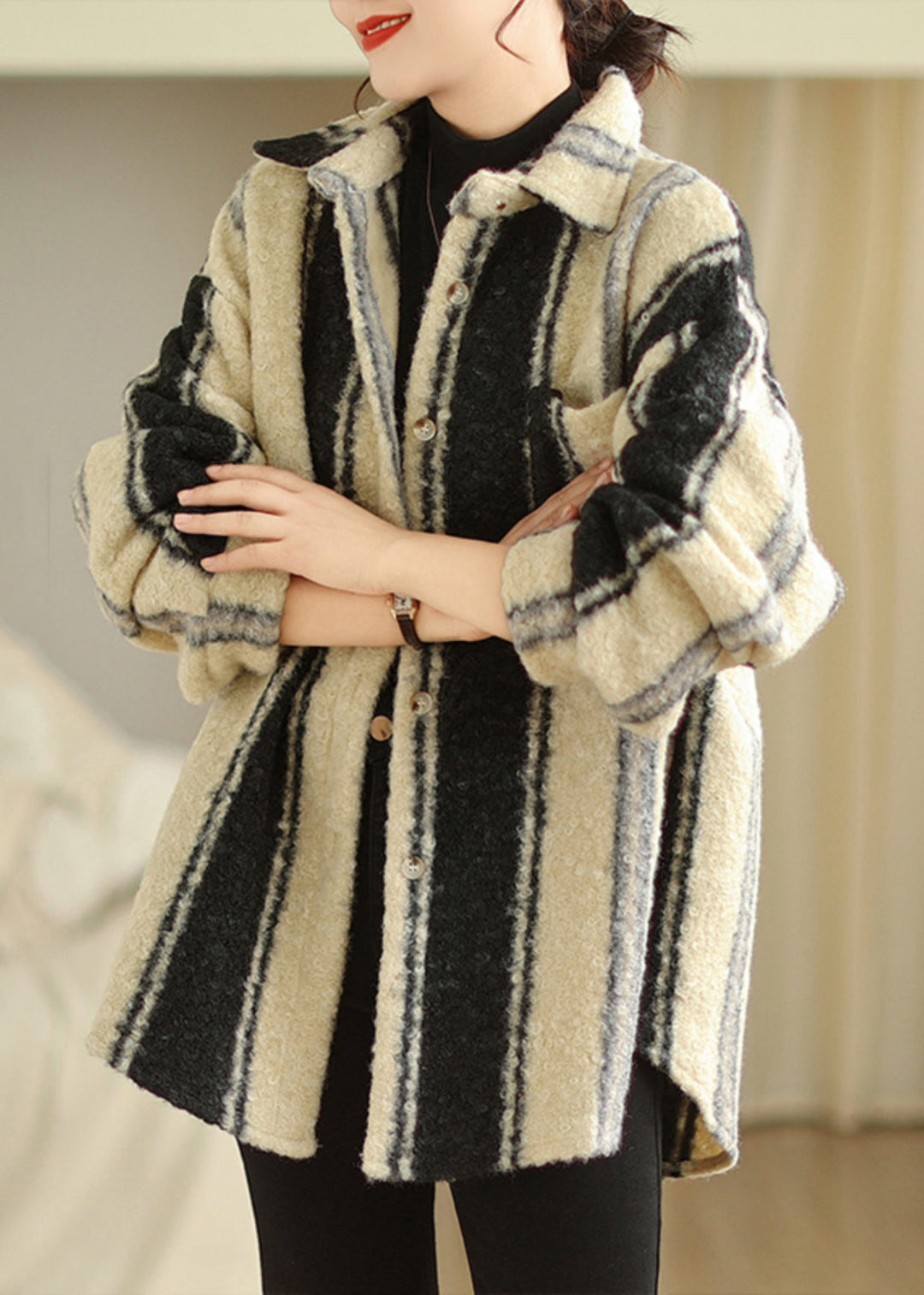 French Striped Peter Pan Collar Button Woolen Coat Long Sleeve