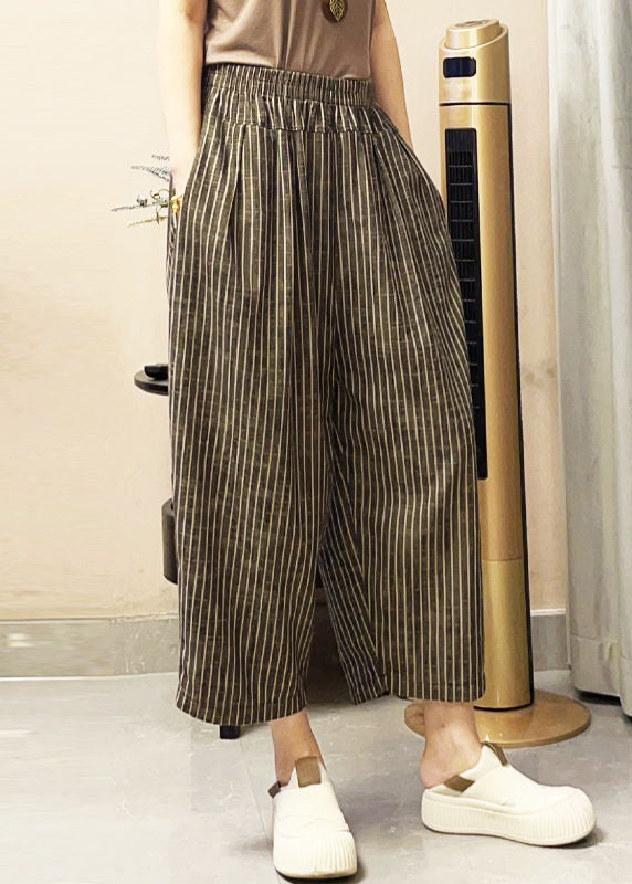 French Striped Pockets Elastic Waist Cotton Crop Pants Summer