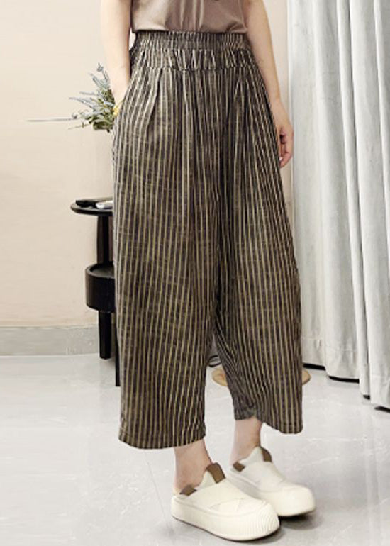 French Striped Pockets Elastic Waist Cotton Crop Pants Summer