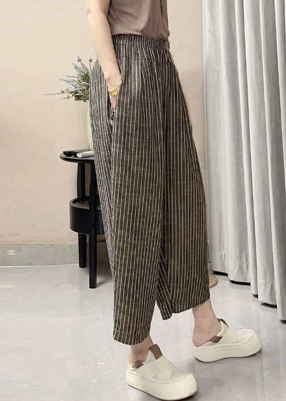 French Striped Pockets Elastic Waist Cotton Crop Pants Summer