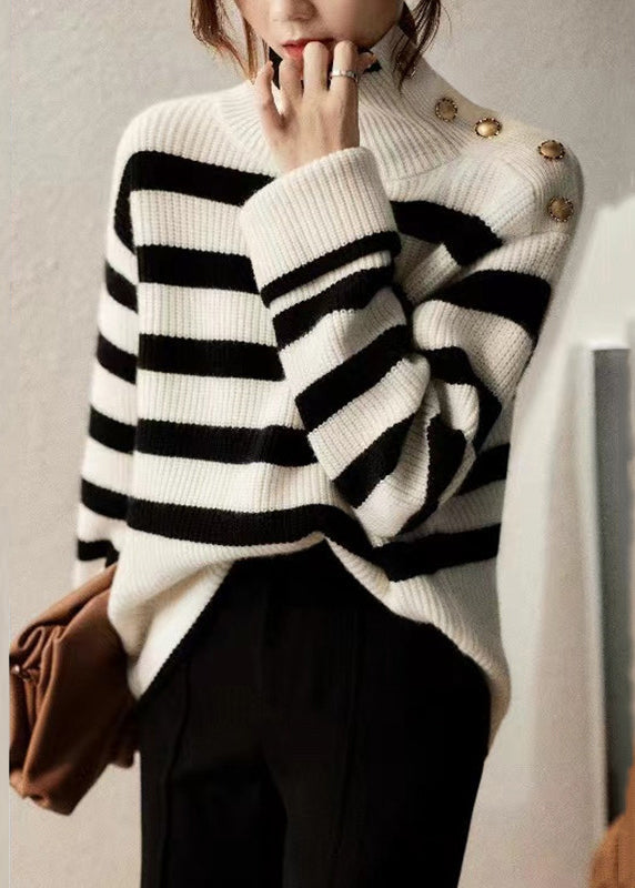 French Striped Turtleneck Patchwork Cozy Knit Sweaters Long Sleeve