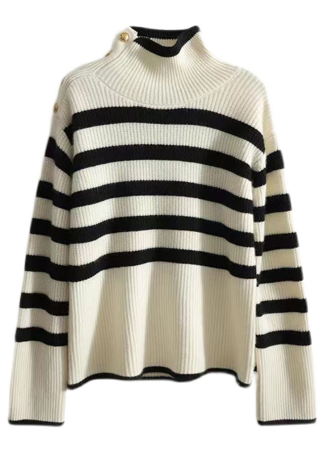French Striped Turtleneck Patchwork Cozy Knit Sweaters Long Sleeve