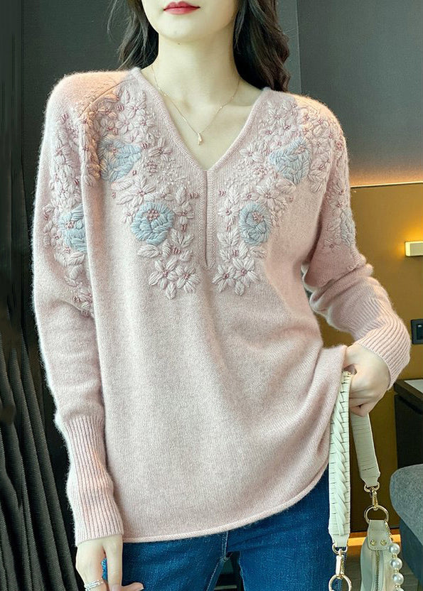 French V Neck Embroideried Patchwork Cotton Knit Sweaters Fall