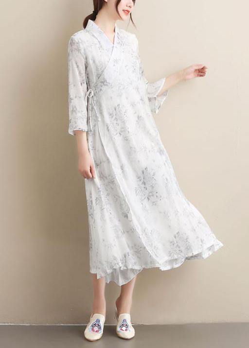 French V Neck Half Sleeve Summer Outfit White Print Vestidos De Lino Dresses - Omychic