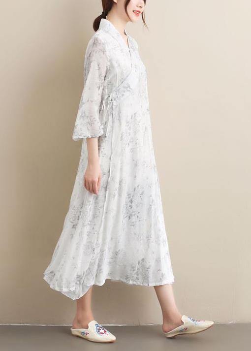 French V Neck Half Sleeve Summer Outfit White Print Vestidos De Lino Dresses - Omychic
