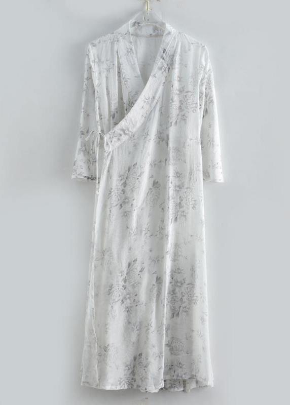 French V Neck Half Sleeve Summer Outfit White Print Vestidos De Lino Dresses - Omychic