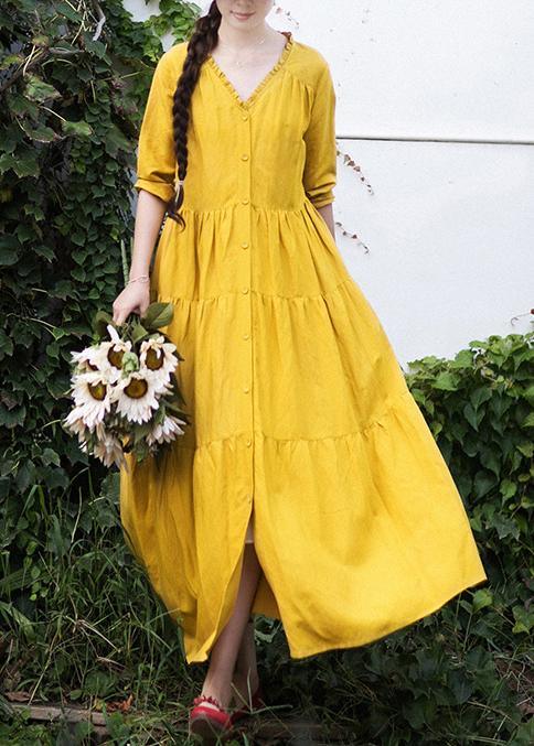 French V Neck Patchwork Spring Dresses Fabrics Yellow Plus Size Dresses - Omychic