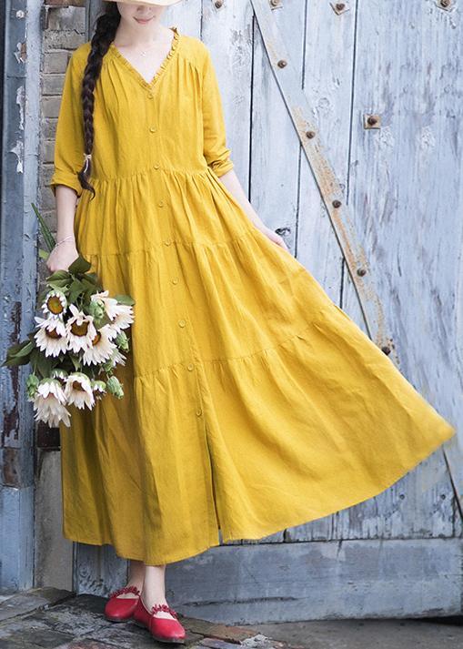 French V Neck Patchwork Spring Dresses Fabrics Yellow Plus Size Dresses - Omychic