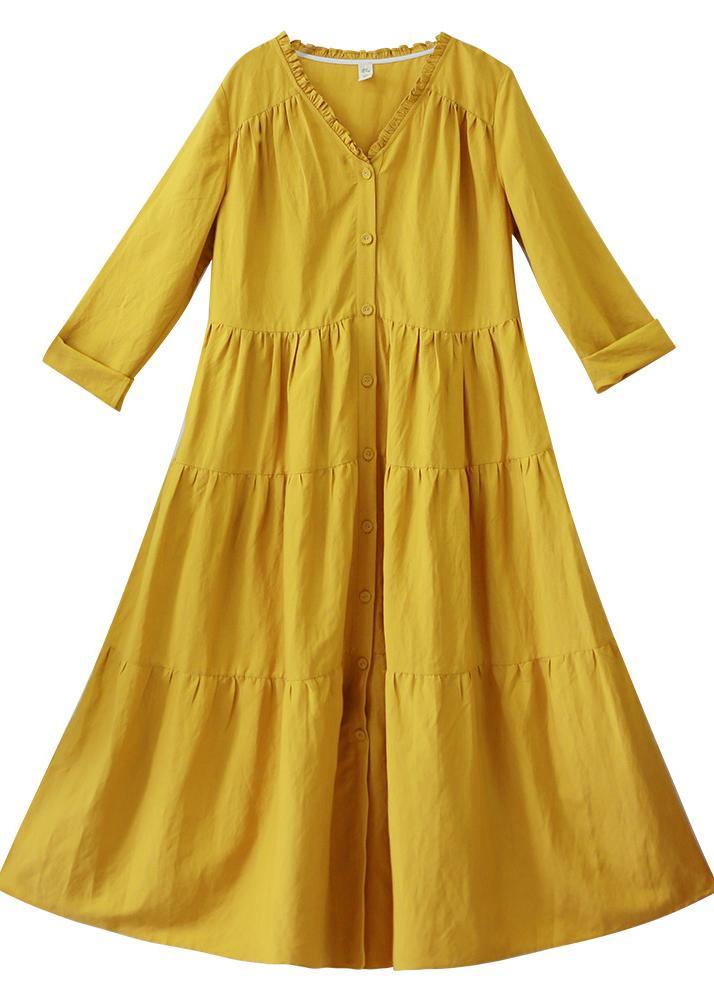French V Neck Patchwork Spring Dresses Fabrics Yellow Plus Size Dresses - Omychic