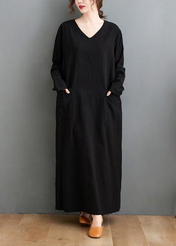 French V Neck Side Open Spring Quilting Dresses Tutorials Black Long Dress - Omychic
