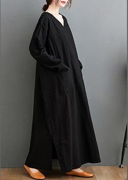 French V Neck Side Open Spring Quilting Dresses Tutorials Black Long Dress - Omychic