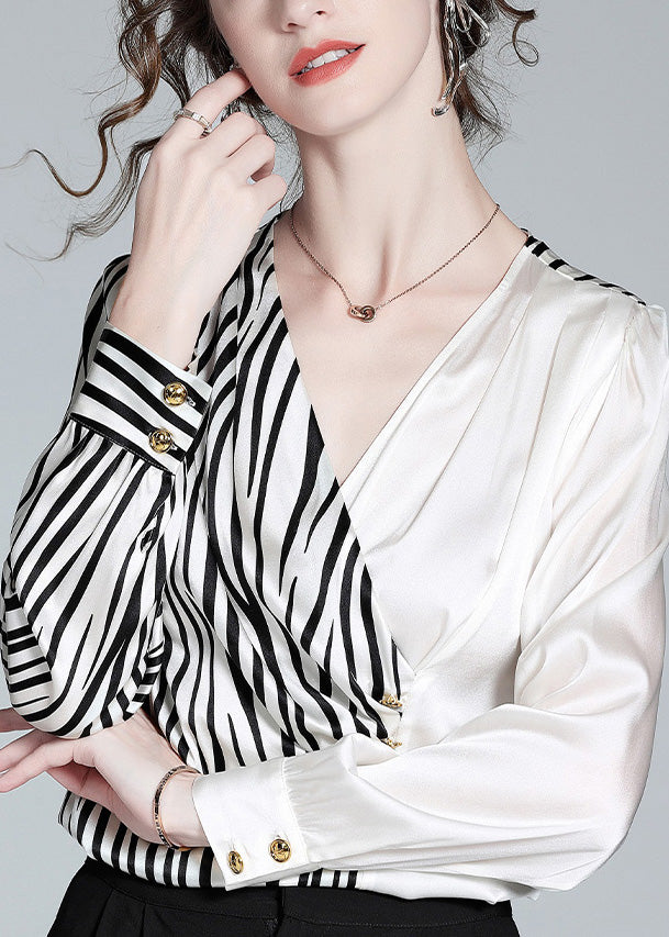 French V Neck Striped Patchwork Silk Shirt Tops Long Sleeve