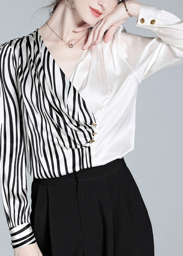 French V Neck Striped Patchwork Silk Shirt Tops Long Sleeve