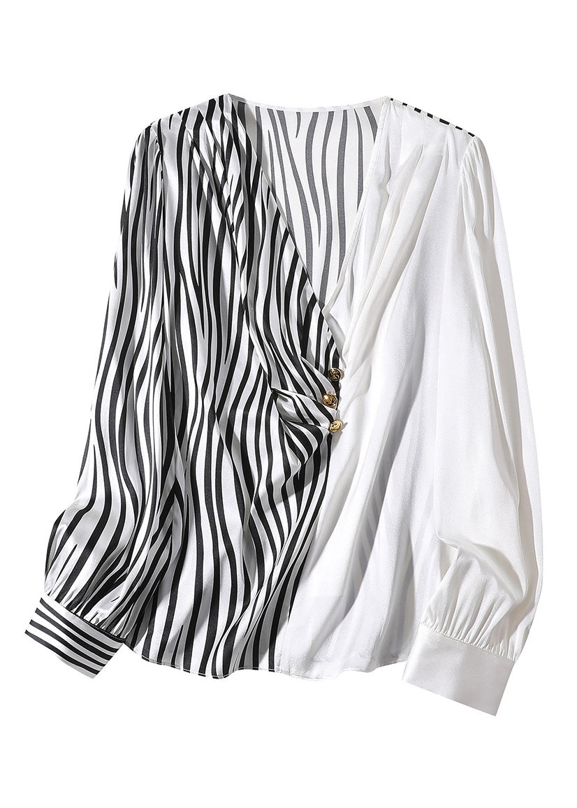 French V Neck Striped Patchwork Silk Shirt Tops Long Sleeve