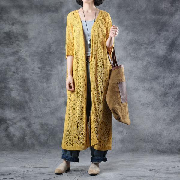 French Wardrobes plus size Linen yellow Solid Half Sleeve V-Neck Hollow Out Coat - Omychic
