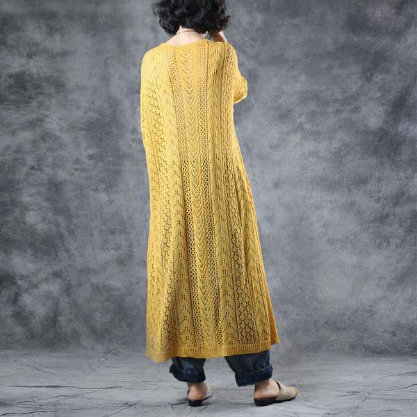 French Wardrobes plus size Linen yellow Solid Half Sleeve V-Neck Hollow Out Coat - Omychic