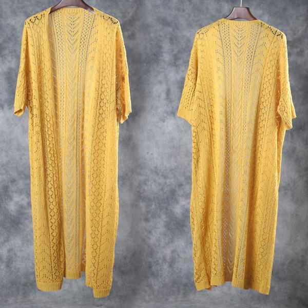 French Wardrobes plus size Linen yellow Solid Half Sleeve V-Neck Hollow Out Coat - Omychic