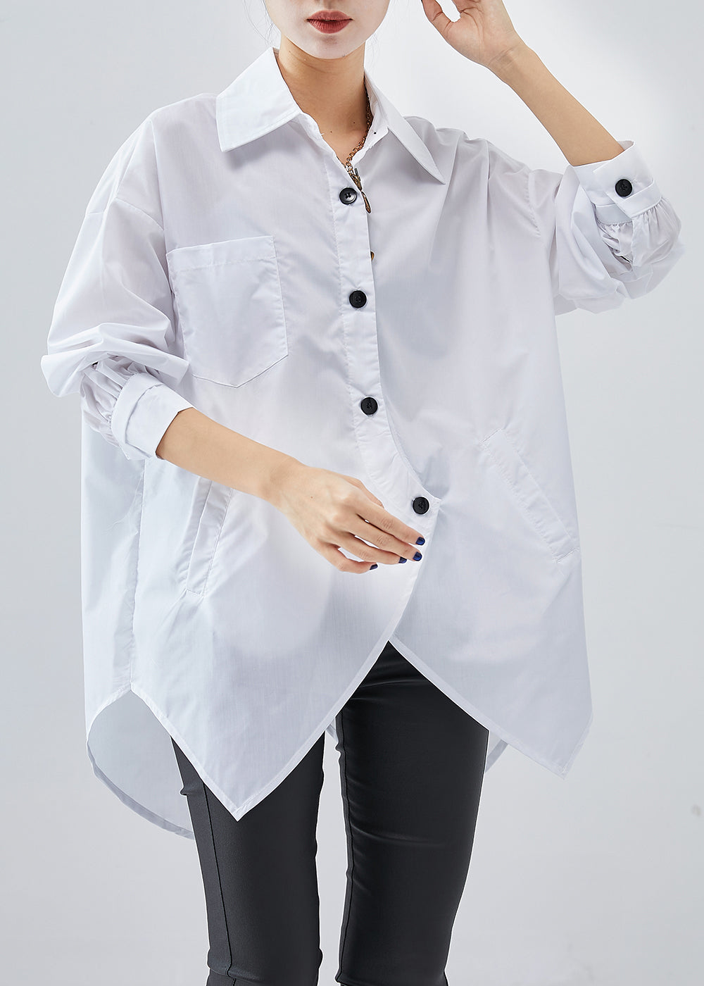 French White Asymmetrical Design Cotton Shirts Fall