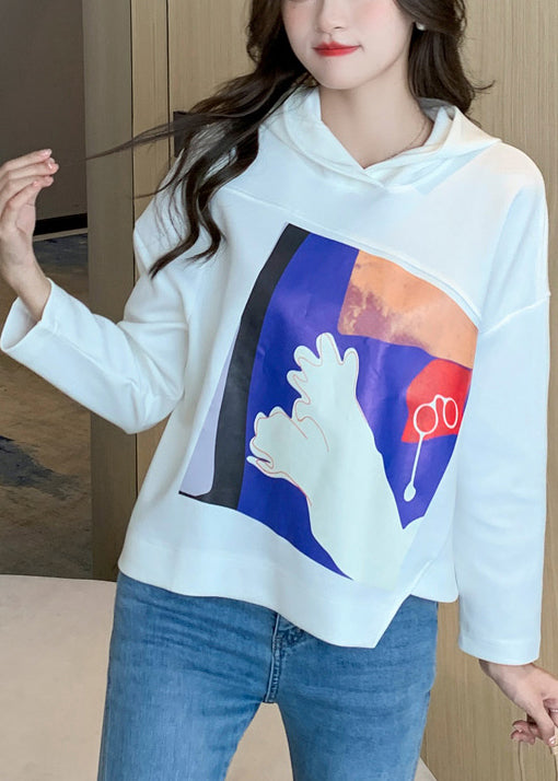 French White Asymmetrical Hooded Cotton Loose Sweatshirts Top Fall