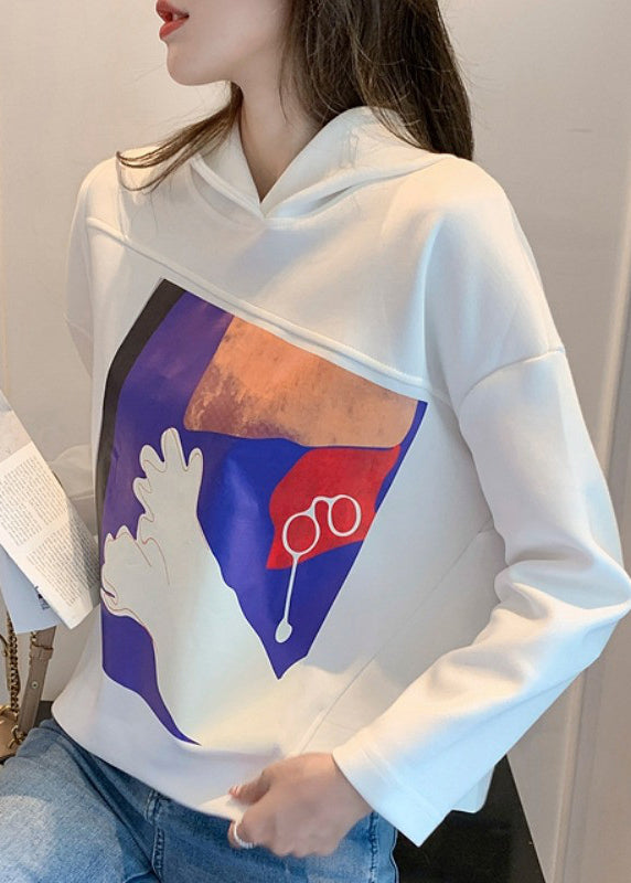 French White Asymmetrical Hooded Cotton Loose Sweatshirts Top Fall - Omychic